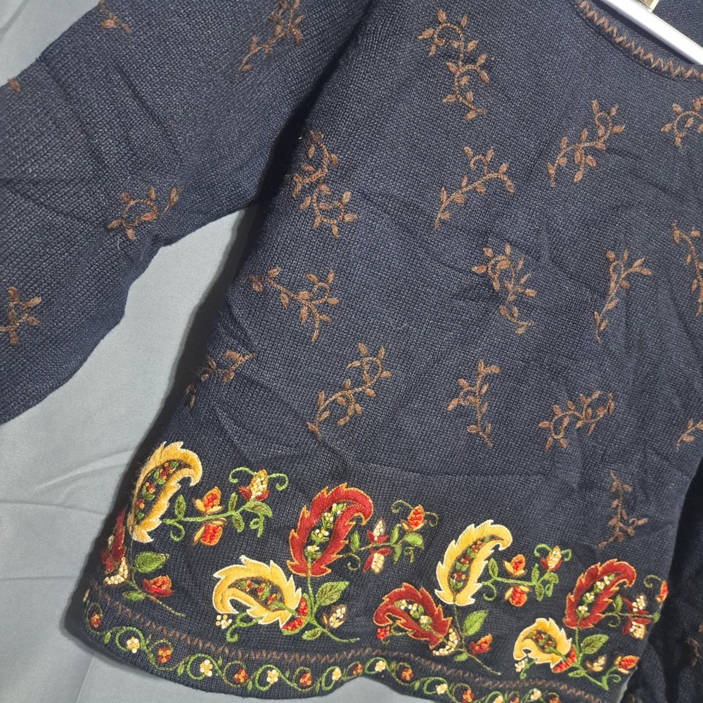 Talbots Petite LARGE LP Floral Paisley Embroidered Long Sleeve Sweater Black - Picture 4 of 5